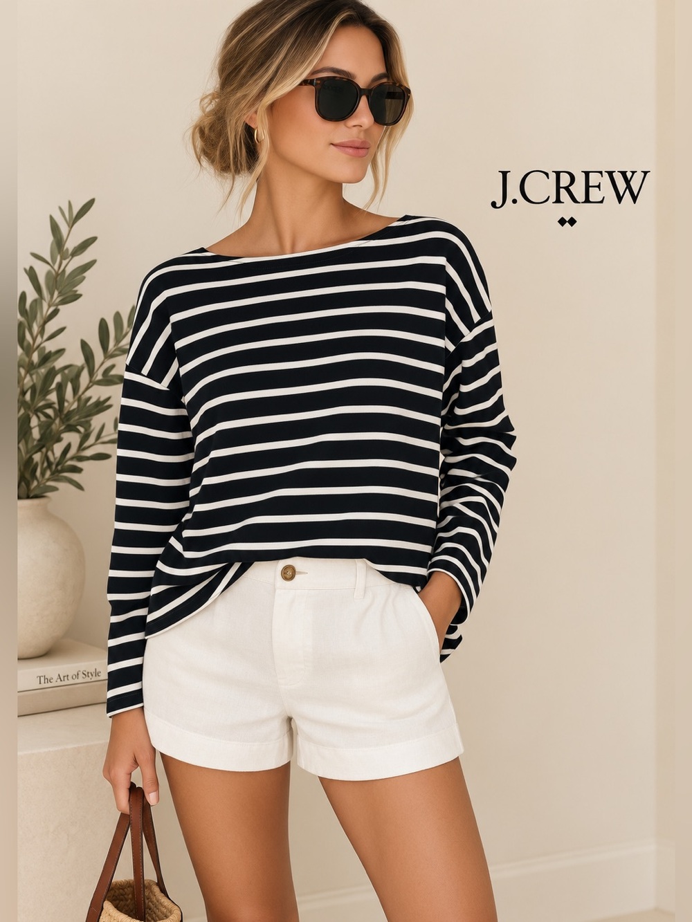 J. Crew Black and White Striped Long-Sleeve Boatneck Top ✨